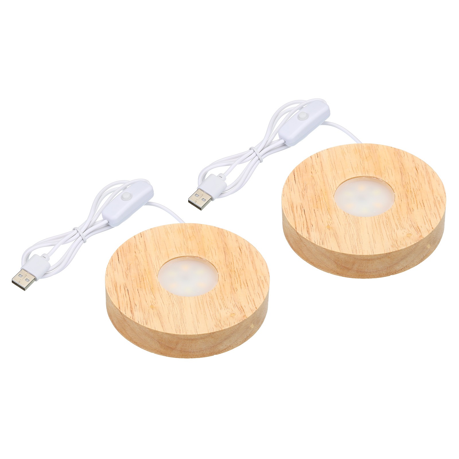 2pcs 4" Wooden LED Light Base Wood Display Stand w Switch White Light 5V DC