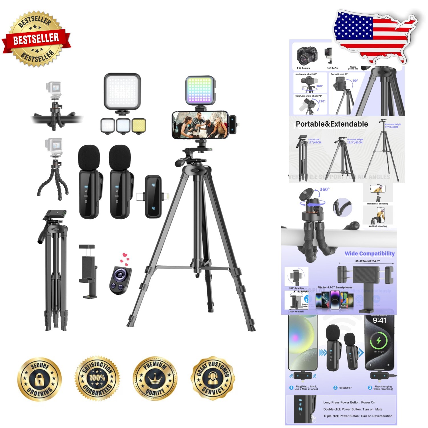 YouTube Creator Essentials Kit 4K Video Mic Flexible Tripod RGB Light