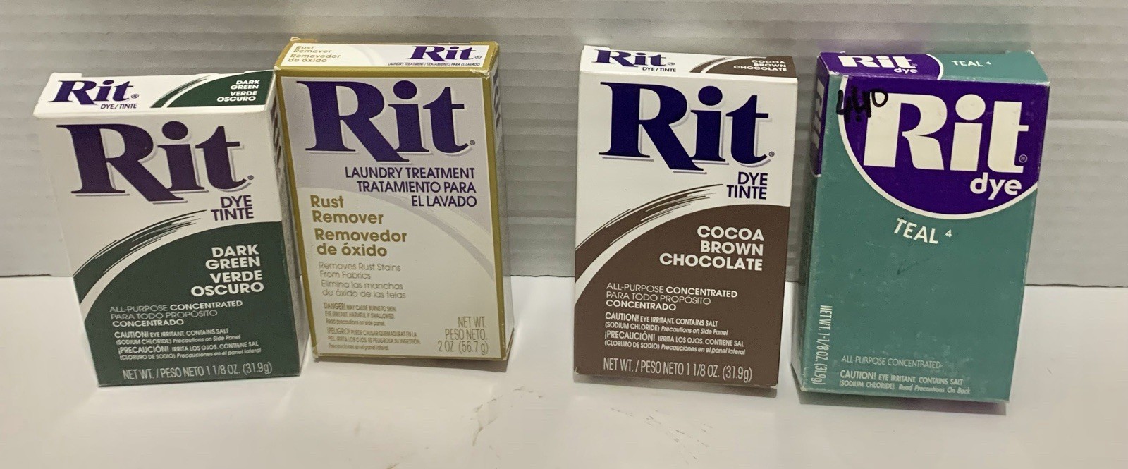 4 Boxes Of RIT Dye. Dark Green, Teal, Coco Brown, Rust Remover. Sealed