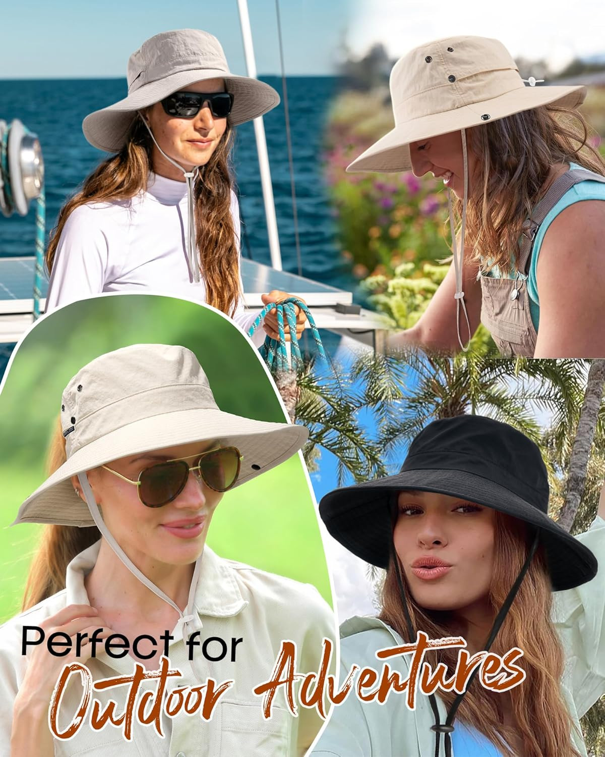 Women's Wide Brim Sun Hat with Ponytail Hole, UPF 50+ for Outdoor Activities