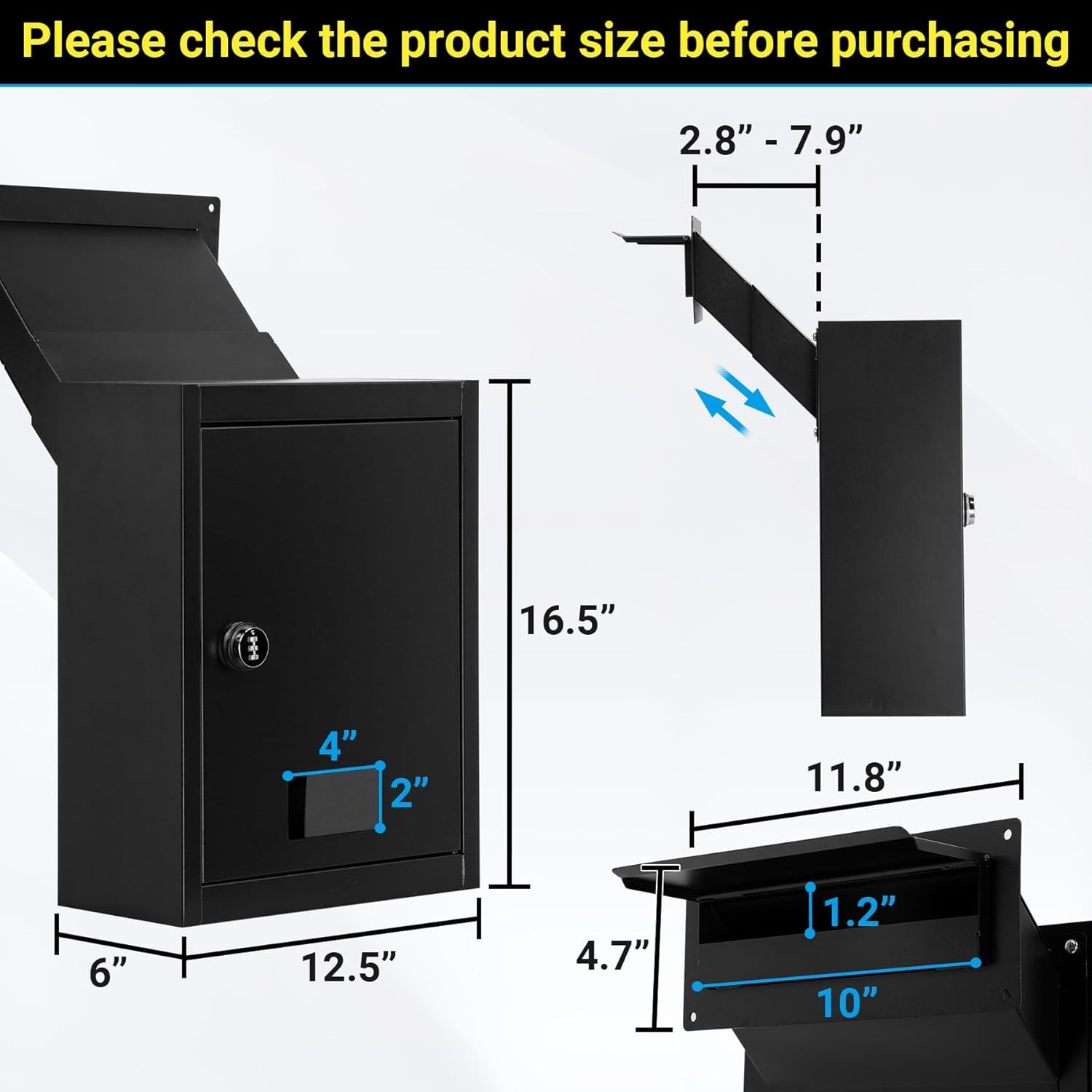Through-the-Wall Drop Box Safe, Adjustable Chute, Rainproof Mail Slot, Black
