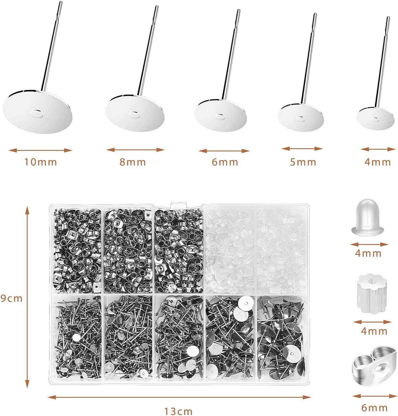 2000 Pcs Hypoallergenic Earring Posts and Backs: Studs, Butterfly, Rubber Backs,