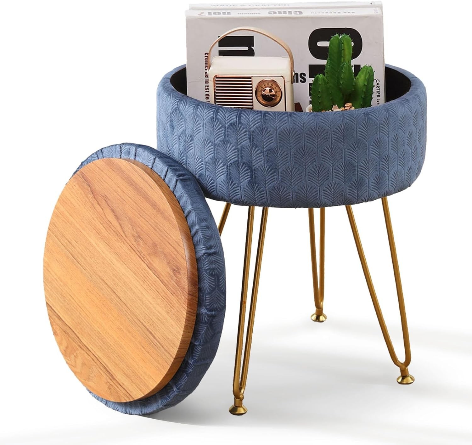 Velvet Storage Ottoman Round Footrest Stool Multifunctional Upholstered Ottoman