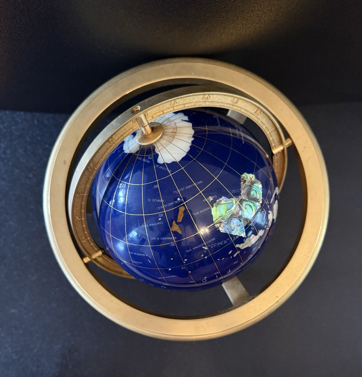 Blue Lapis Tabletop Globe, Rotating, compass, Gold-Finish tripod Base