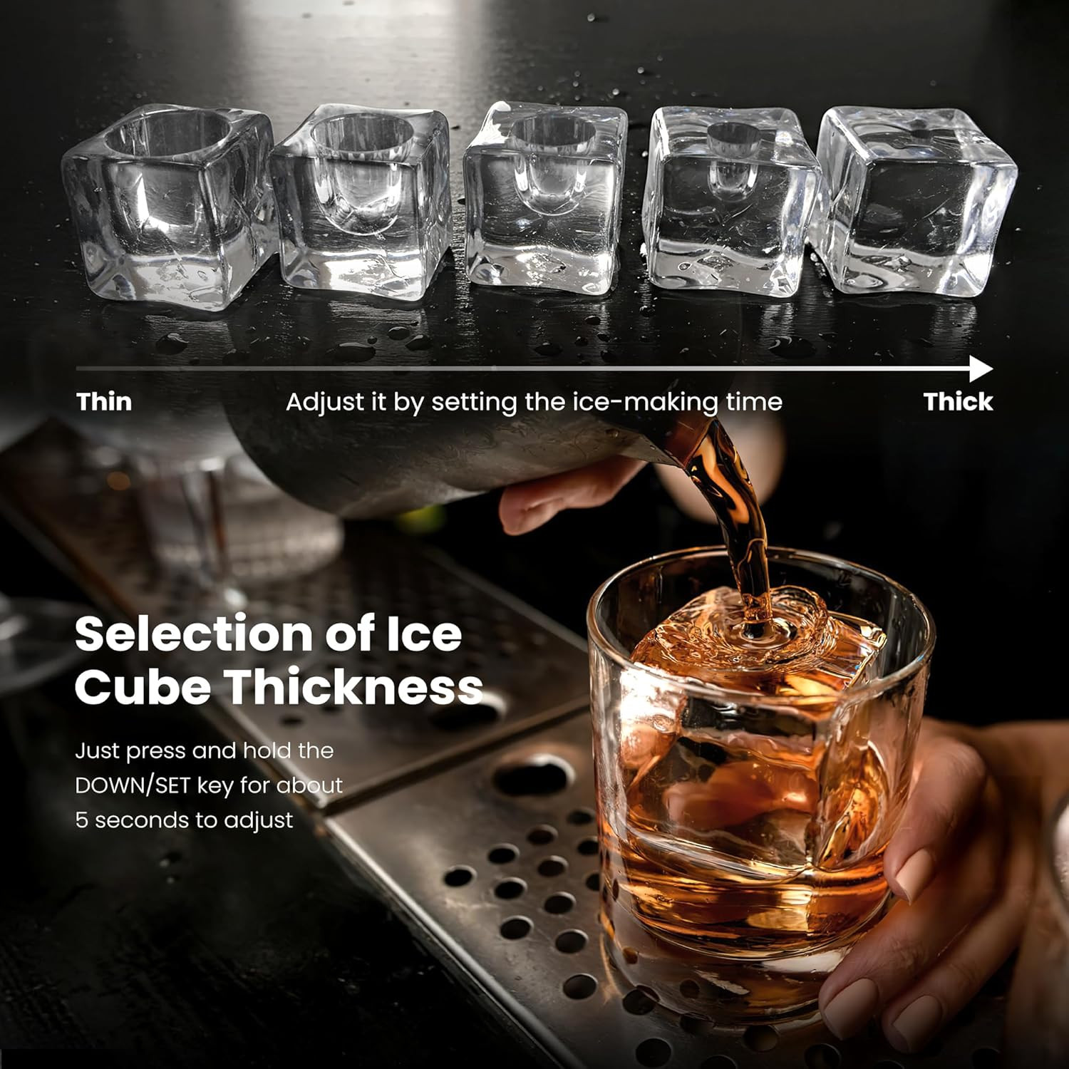 Rapid Ice Cube Maker - 3 Cubes in 20 Mins, 5 Sizes, Self-Cleaning Feature