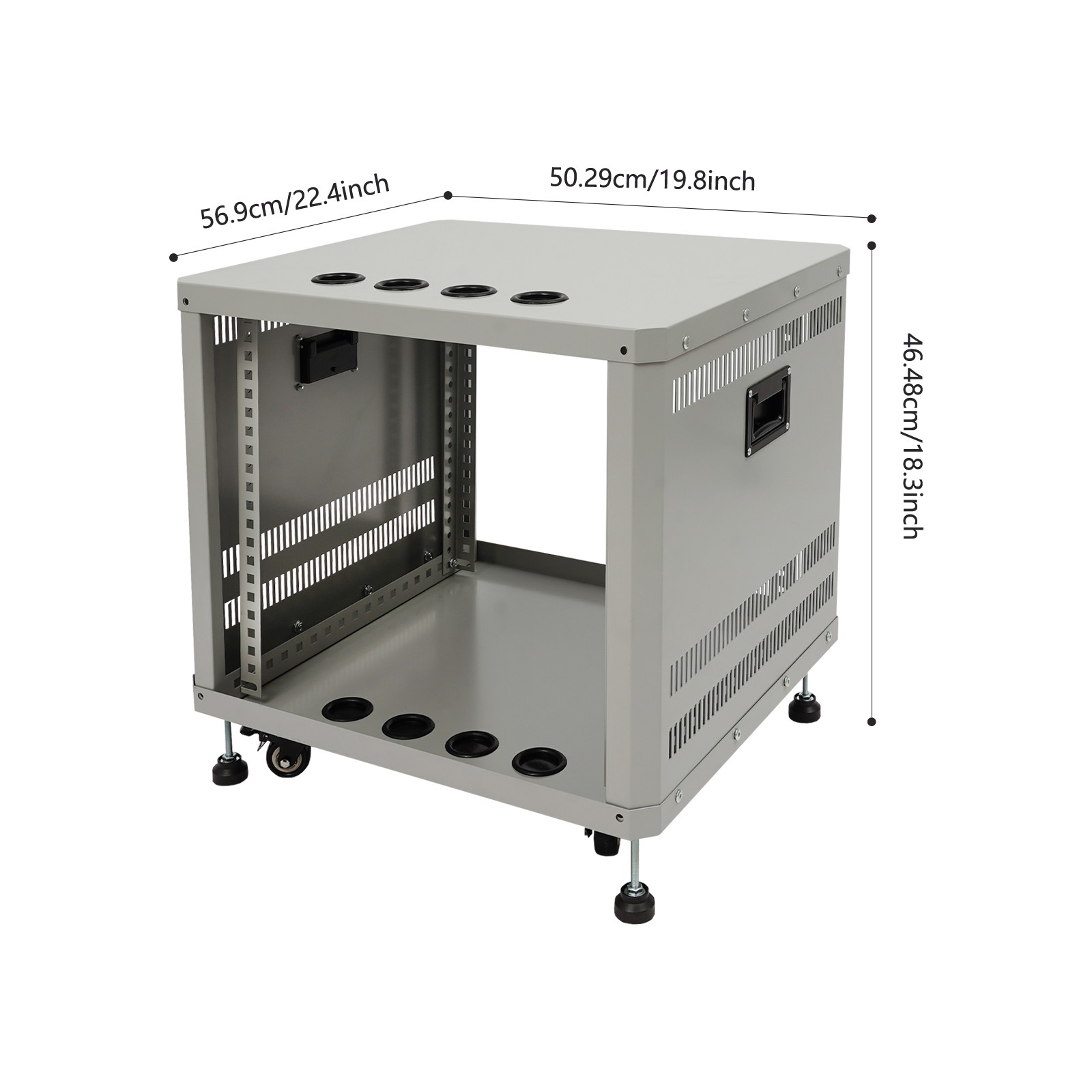 9U Server Rack Grey Semi-open Carbon Steel Rolling Studio Rack Case W/ Wheels