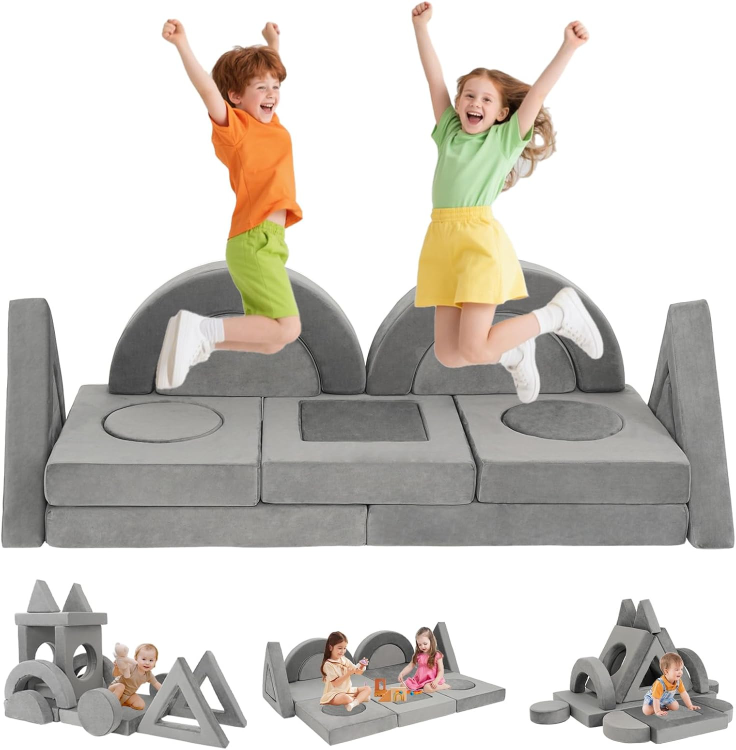16PCS Convertible Kids Play Couch - Washable Foam Sofa for Creative Fun (Grey)