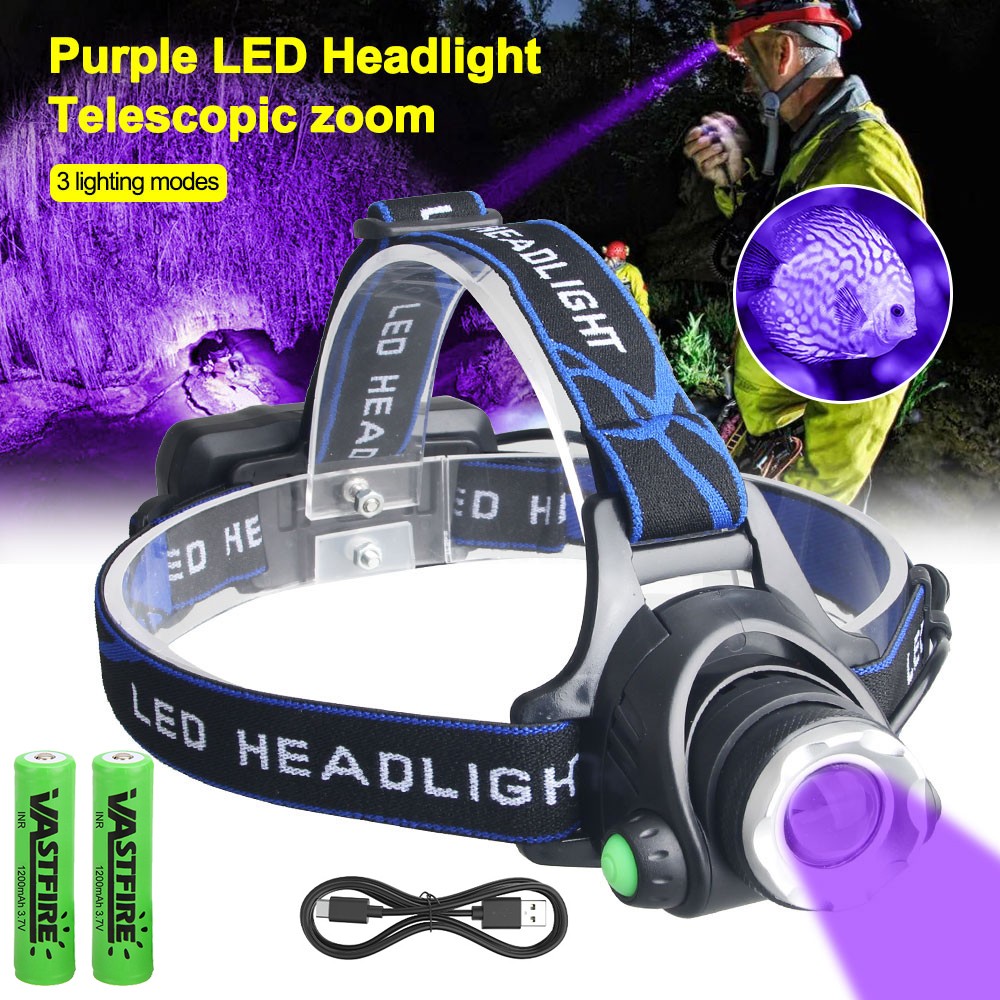 395NM UV Light LED Headlamp Zoomable USB Rechargeable Inspection Head Lamp