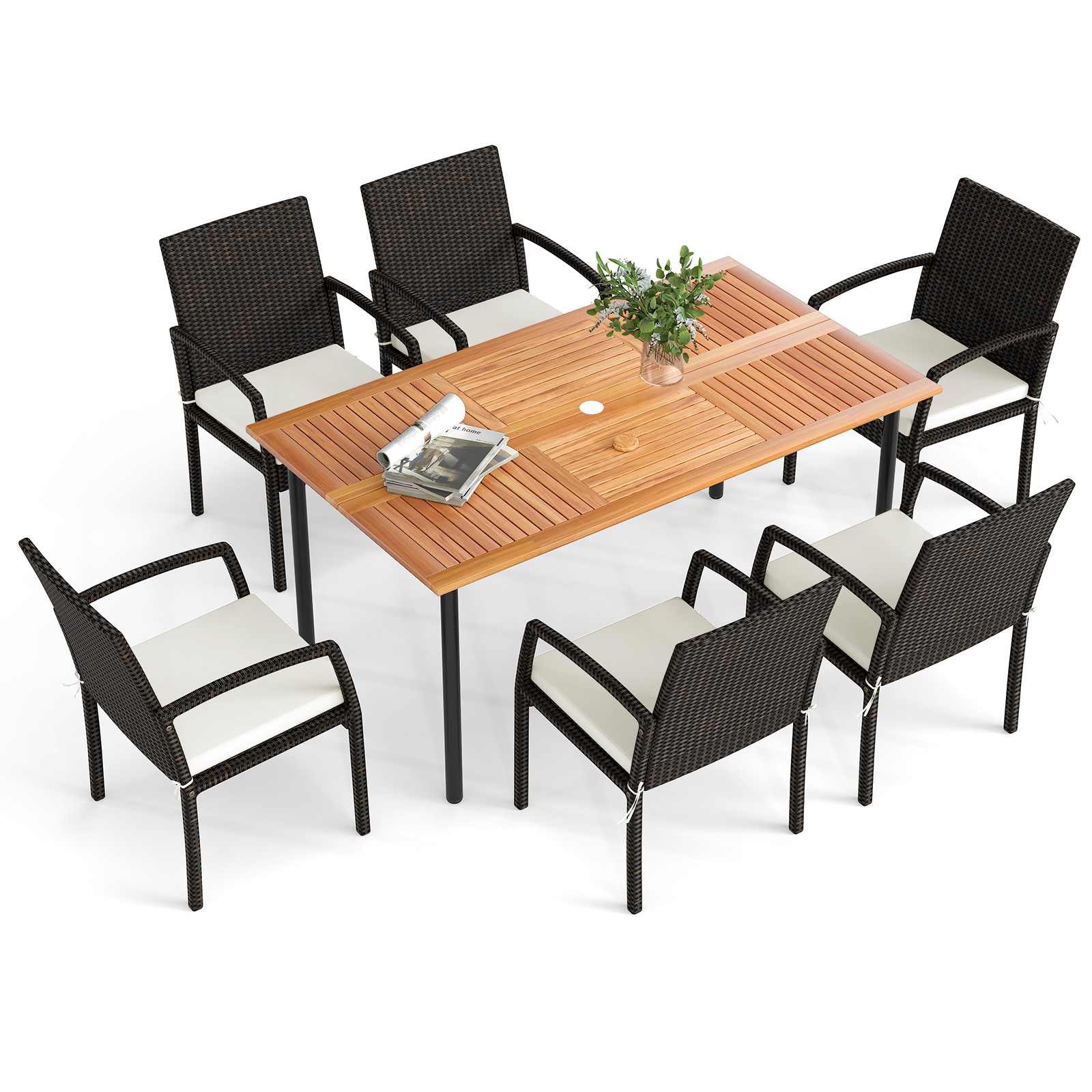 Patiojoy 7- Piece Patio Dining Furniture Set Acacia Wood and Wicker Dining