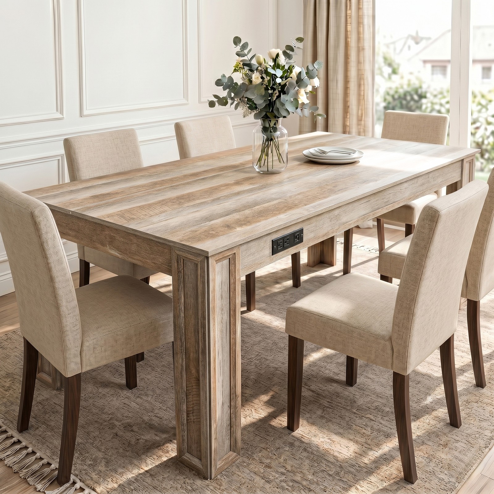 70" Rectangular Dining Table 6.5 ft w/ Charging Station & Drawer for 6-8 People
