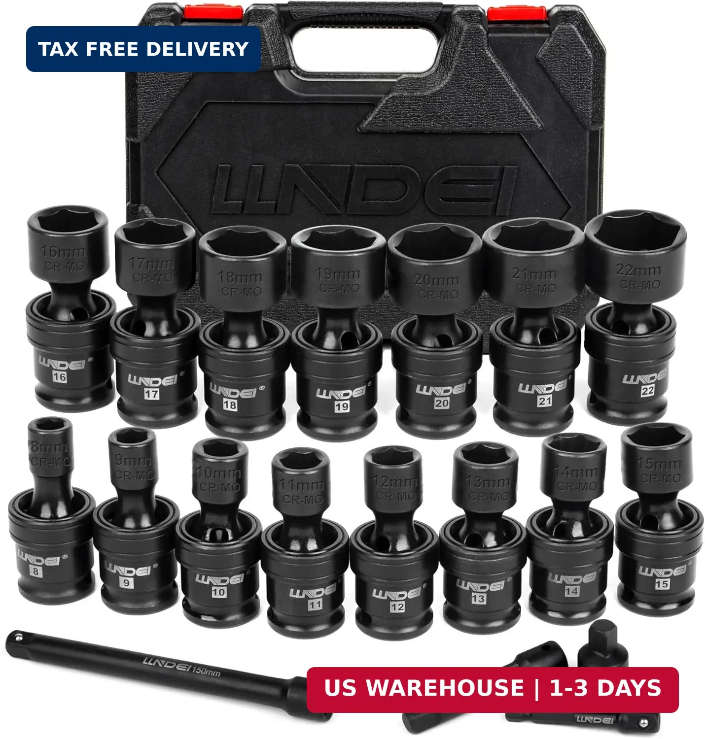 3/8" Drive Universal Impact Socket Set, 19 Pieces CR-MO Swivel Socket Set