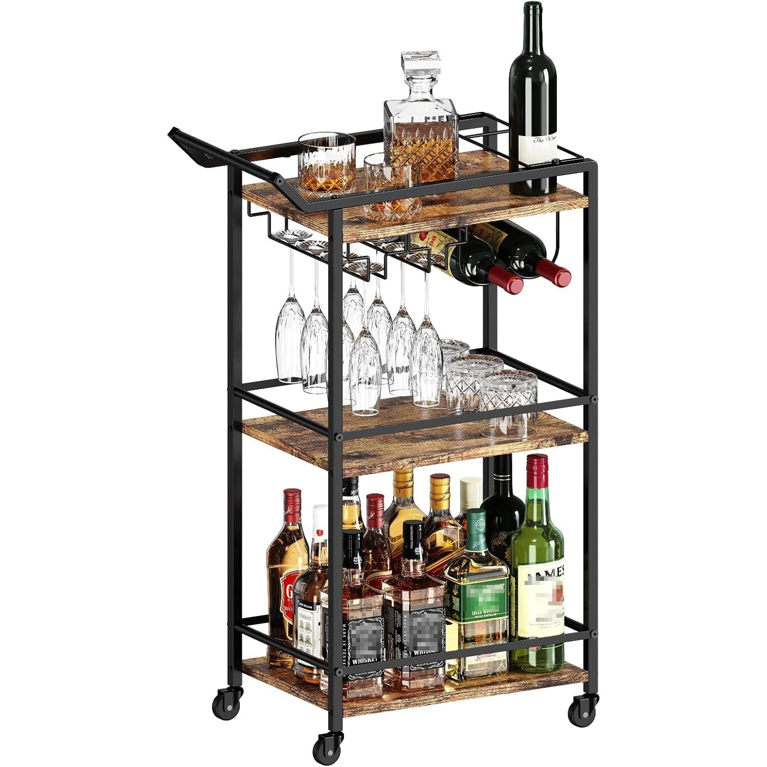 3 Tier Bar Cart, Mini Liquor Utility Cart for Wine Beverage Dinner Party, Rol...