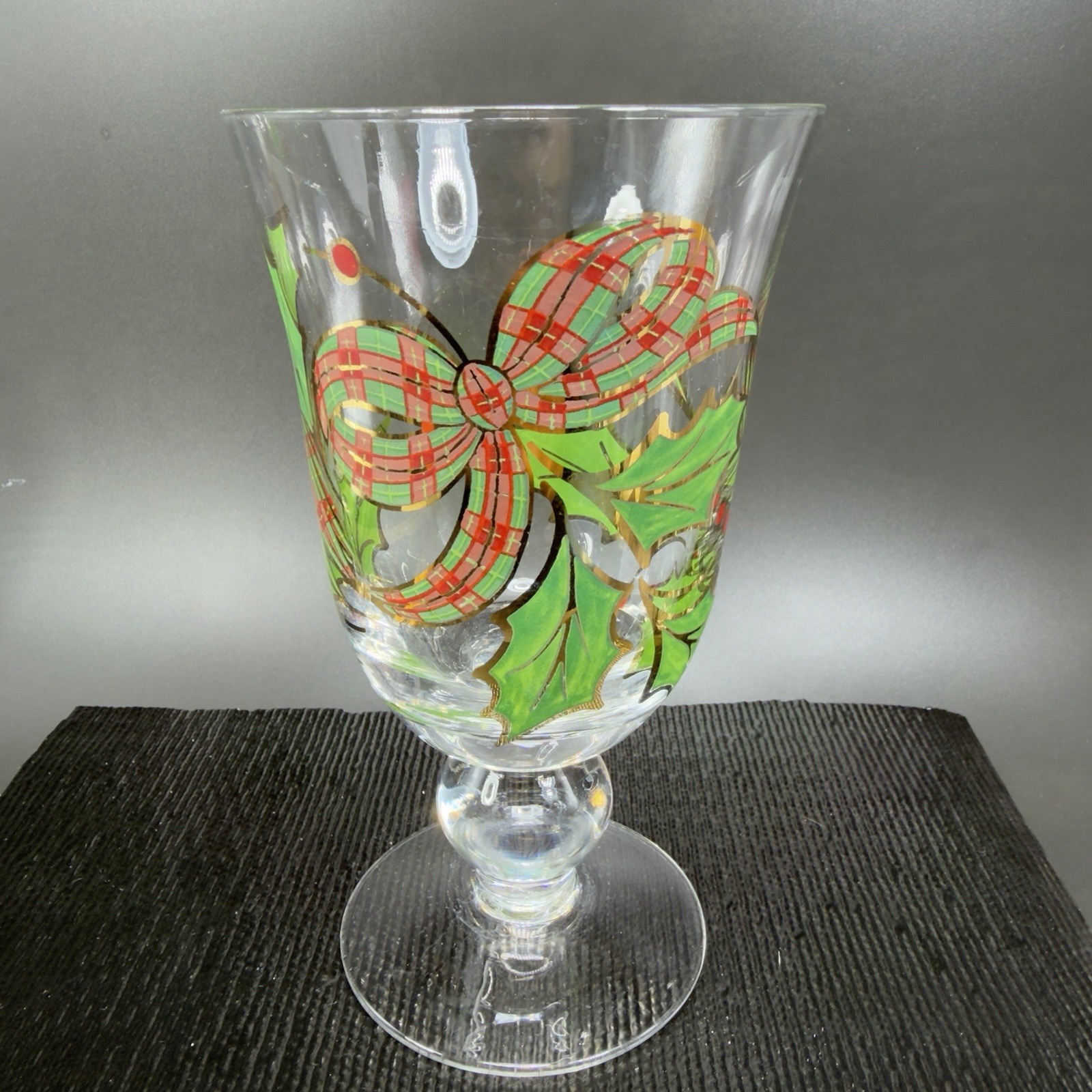 Lenox Holiday Plaid Ribbon Iced Tea Glass Footed Goblet Cup Hand Painted Single