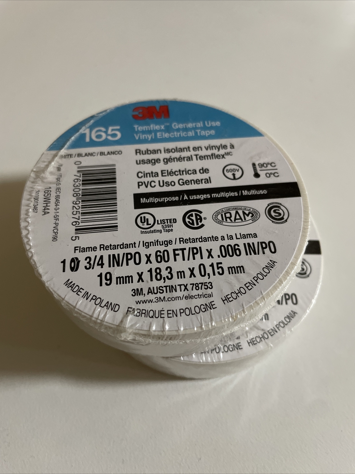 3M Temflex 165 White Vinyl Electrical Tape - 2Rolls
