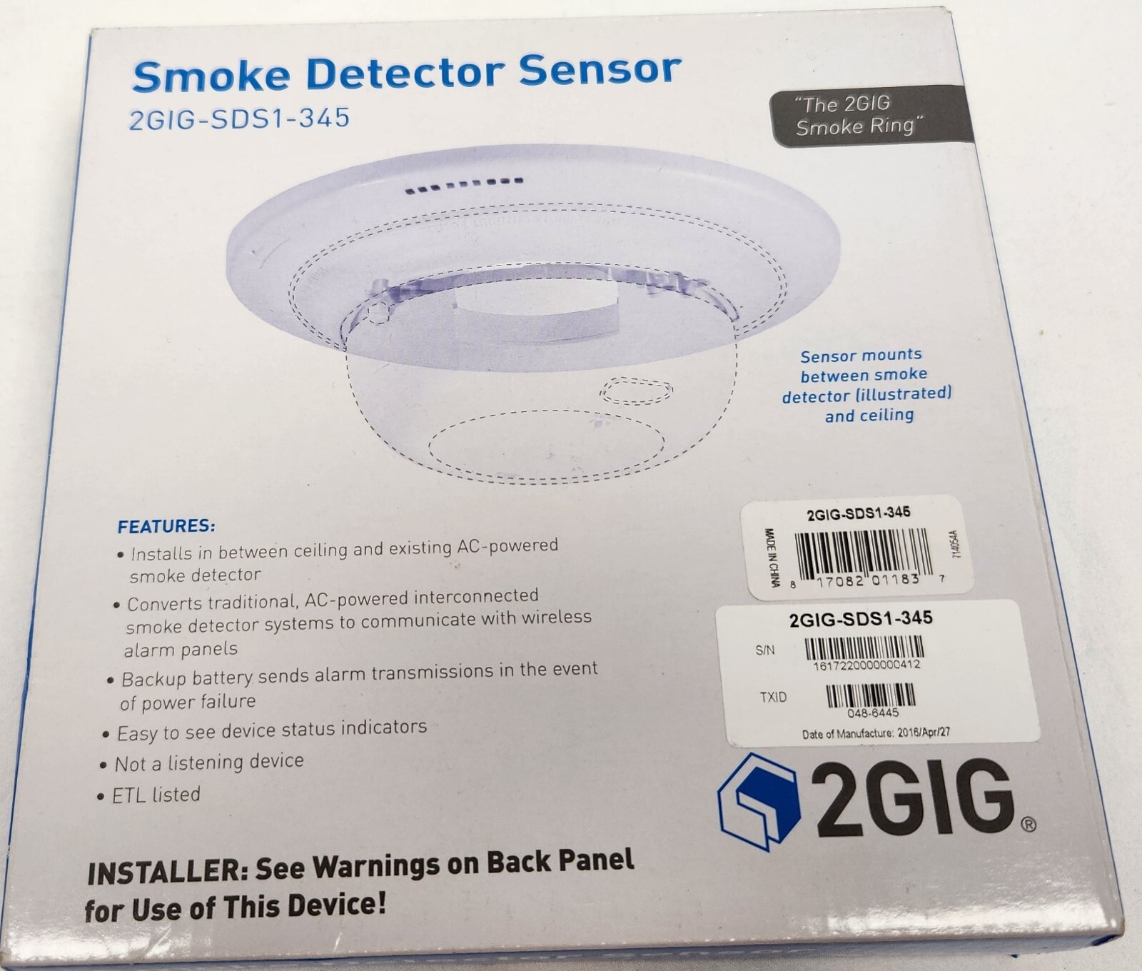 2Gig 2GIG-SDS1-345 Smoke Detector Sensor (Smoke Ring) - NEW/OPEN BOX