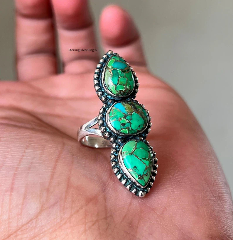 Green Copper Turquoise 925 Sterling Silver Band & Statement Handmade  All Size