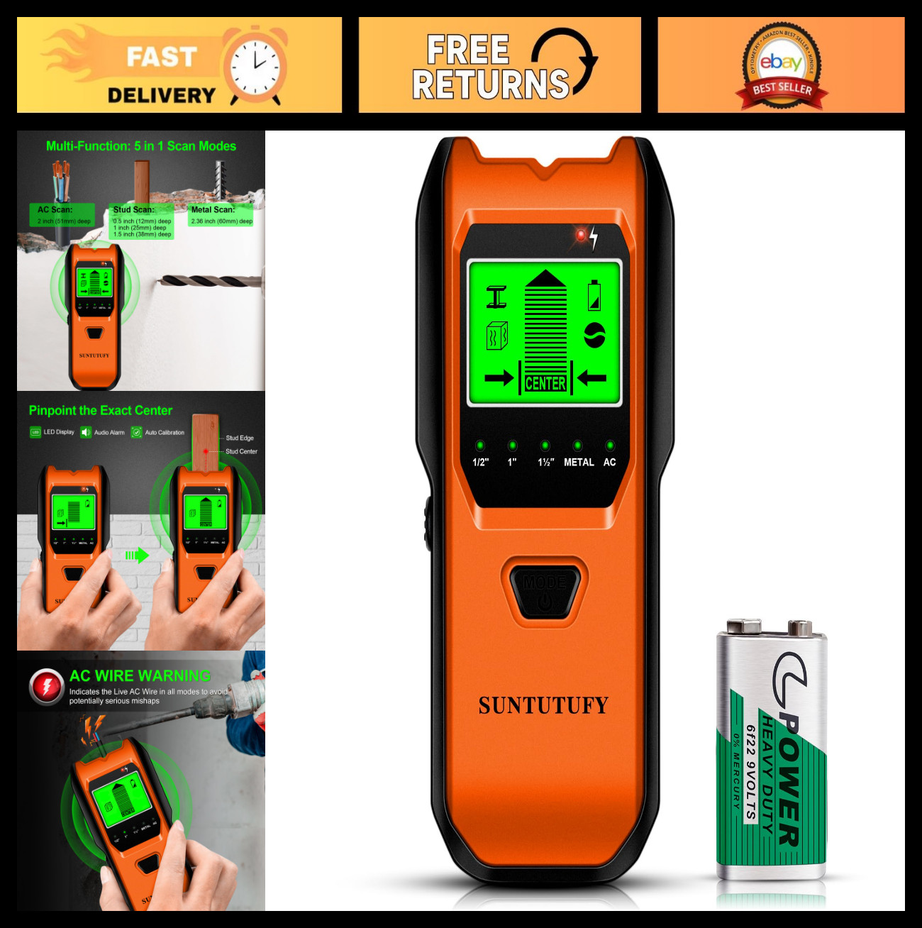 5-in-1 Stud Finder Wall Scanner - Smart Sensor, Audio Alarm, HD LCD Display, Woo