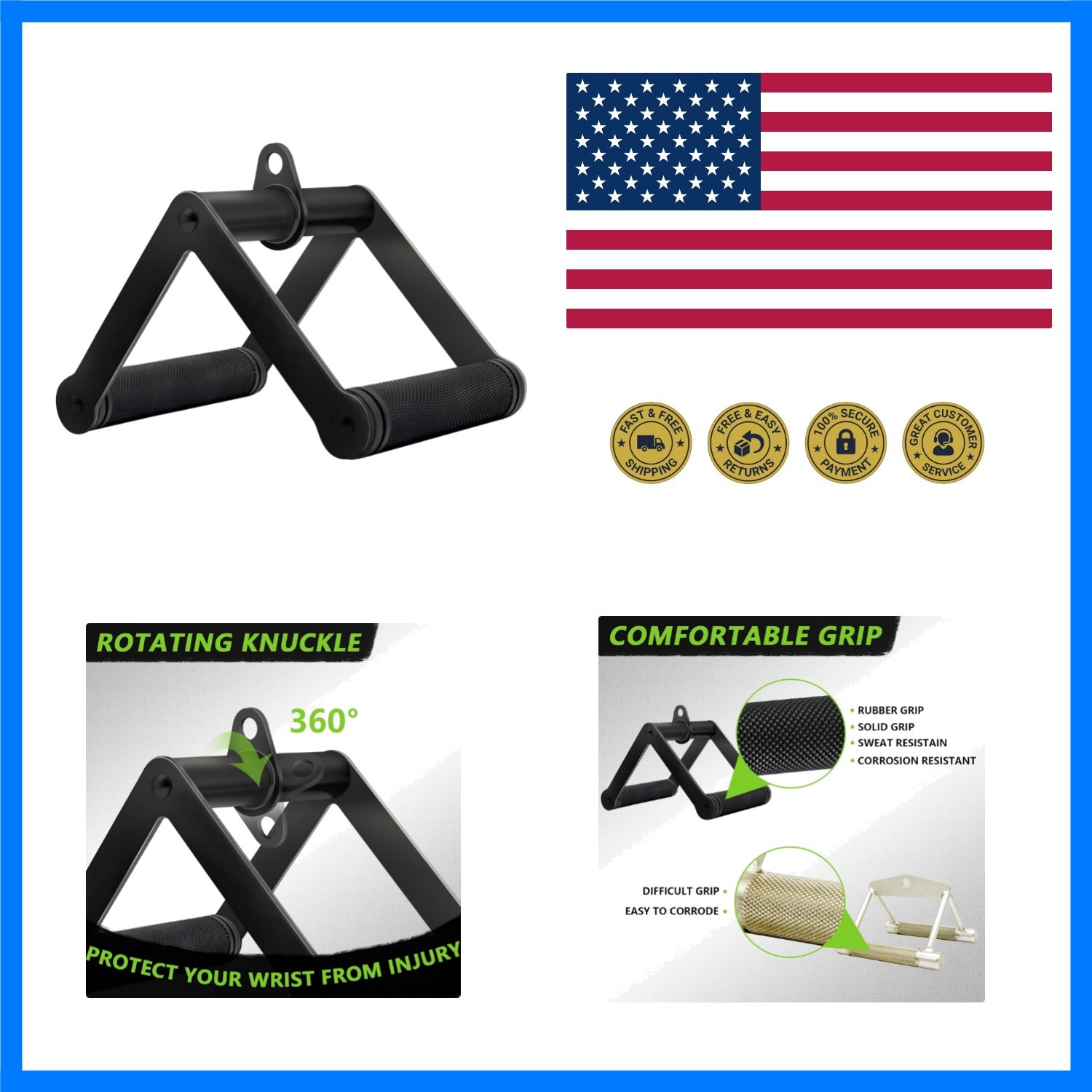 Double D Row Handle Cable Attachment for Weight Workout, Steel with Non-Slip ...