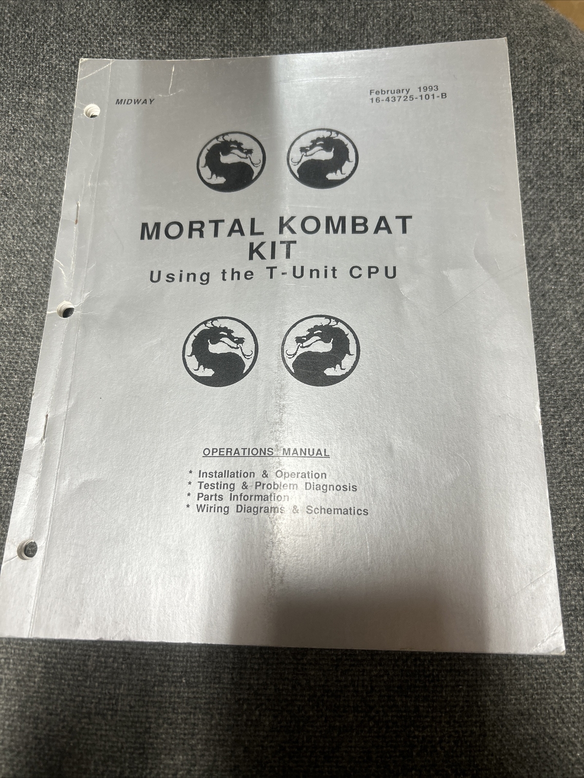 Midway MORTAL KOMBAT KIT Using T-Unit CPU Arcade Manual - good used original