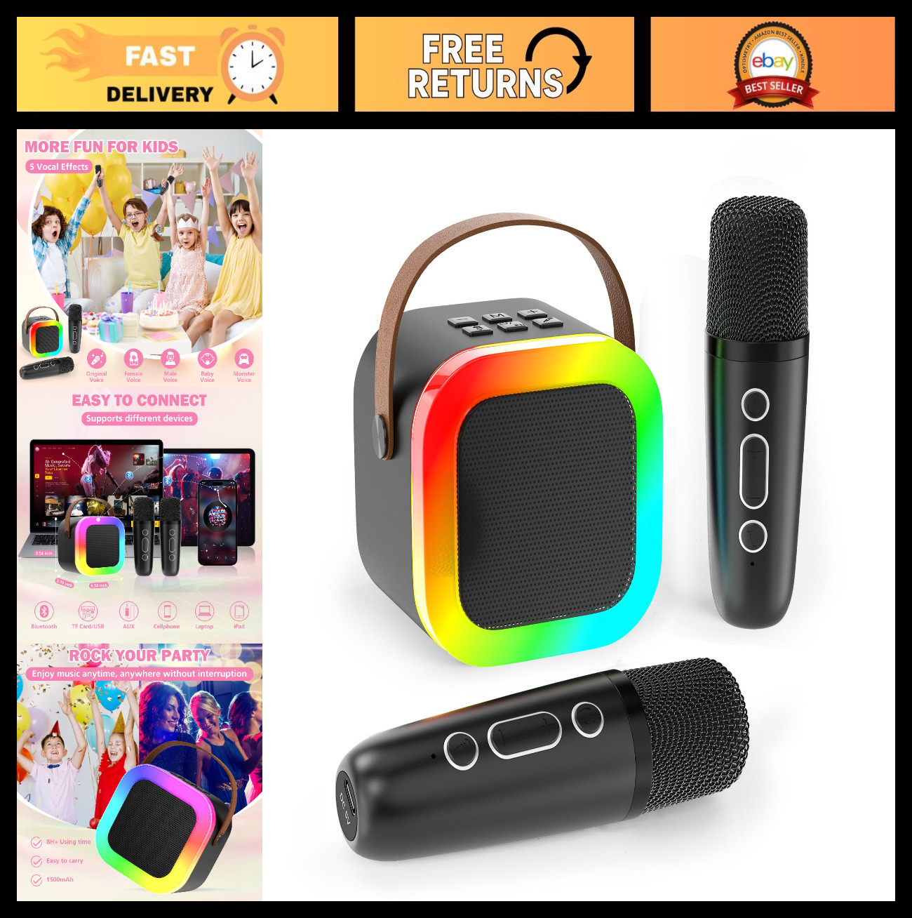 Portable Mini Karaoke Machine with 2 Wireless Microphones, Bluetooth Speaker for