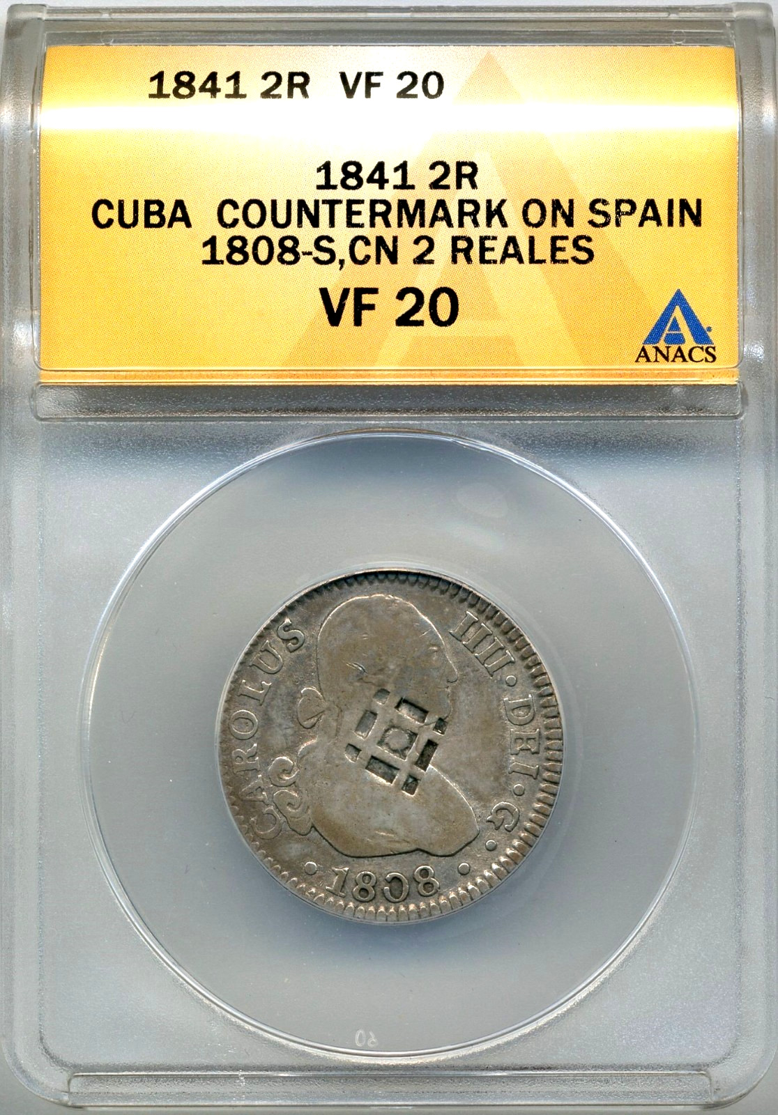 1841 2 Reales, Countermark on Spanish 1808S Madrid 2 Reales, ANACS VF20