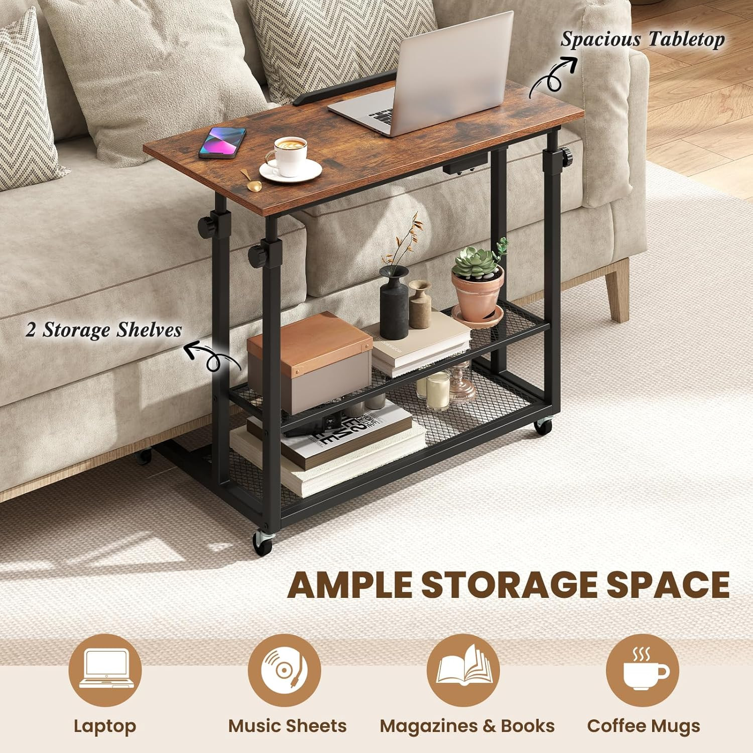 Mobile Standing Desk, Adjustable Rolling Computer Desk W/Tilting Desktop & Stora