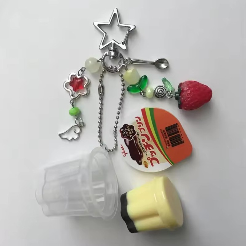 1 Piece Japanese Pudding Keychain Pink Yellow Egg Flan Y2K Beaded Accessory
