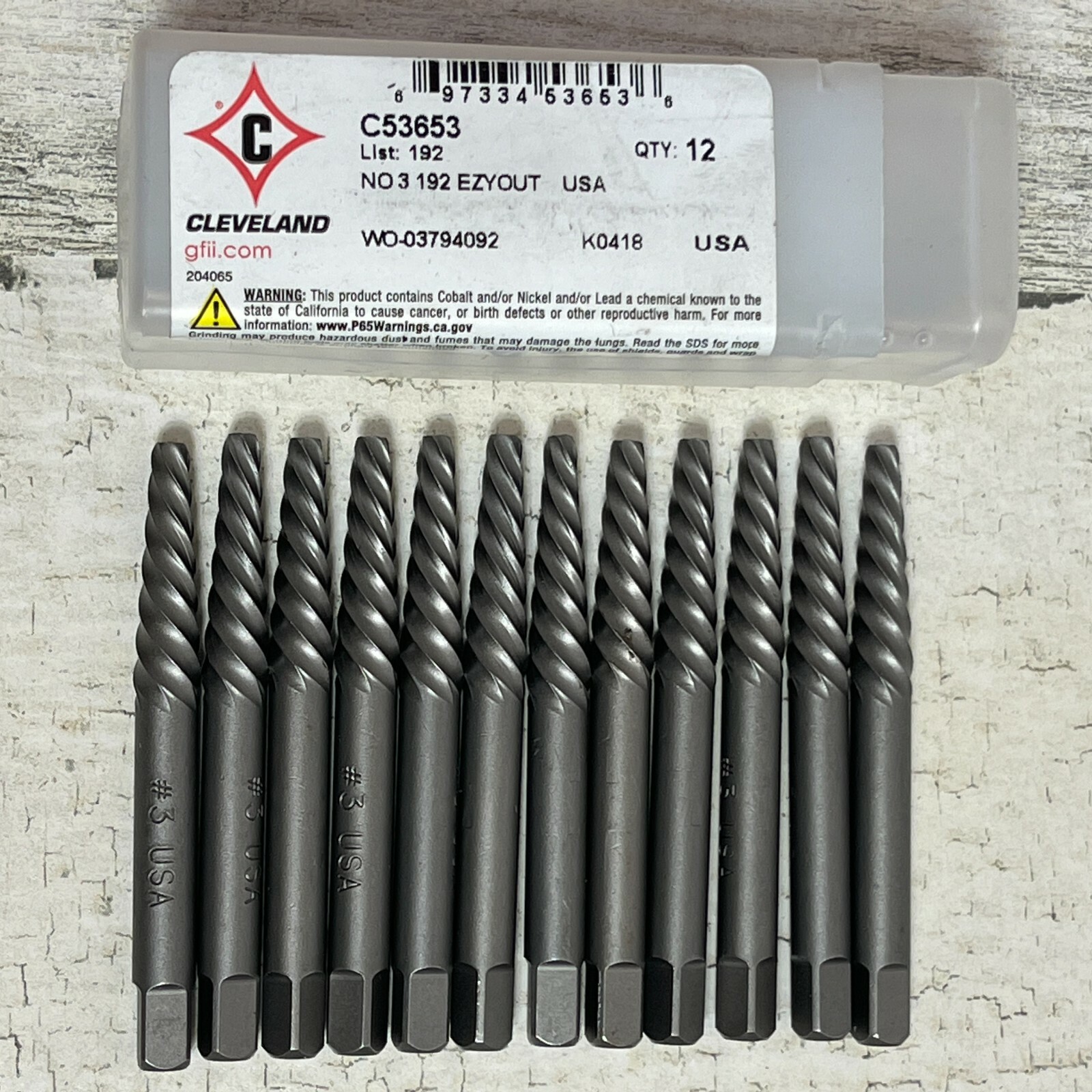 12 pk CLEVELAND C53653 Screw Extractor #3 5/32" Drill Sz, 5/16" - 7/16" Screw Sz