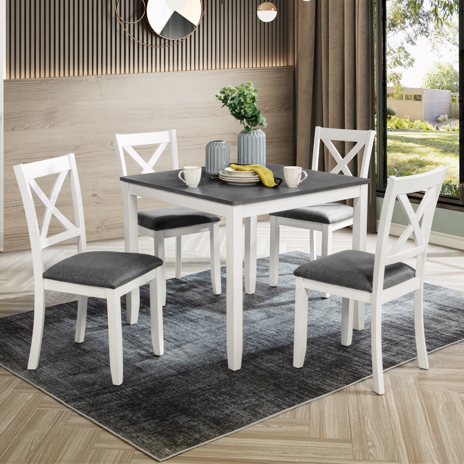 Modern 5 Piece Dining Table Set Wood Square Dining Table & 4 Chairs White & Gray
