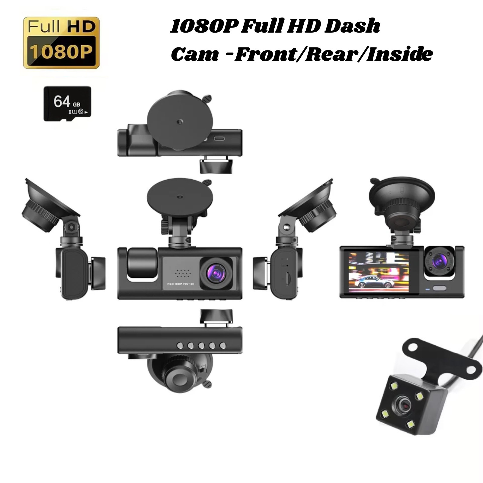 1080P Full HD Dash Cam -Front/Rear/Inside Video Recorder |WIFI & App Control
