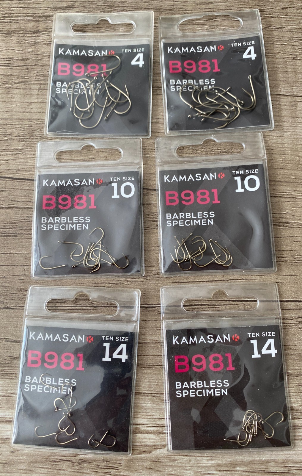 Kamasan B981 Hooks-6 packs-size 4x2 10x2 14x2-Barbless Specimen Fishing Hooks