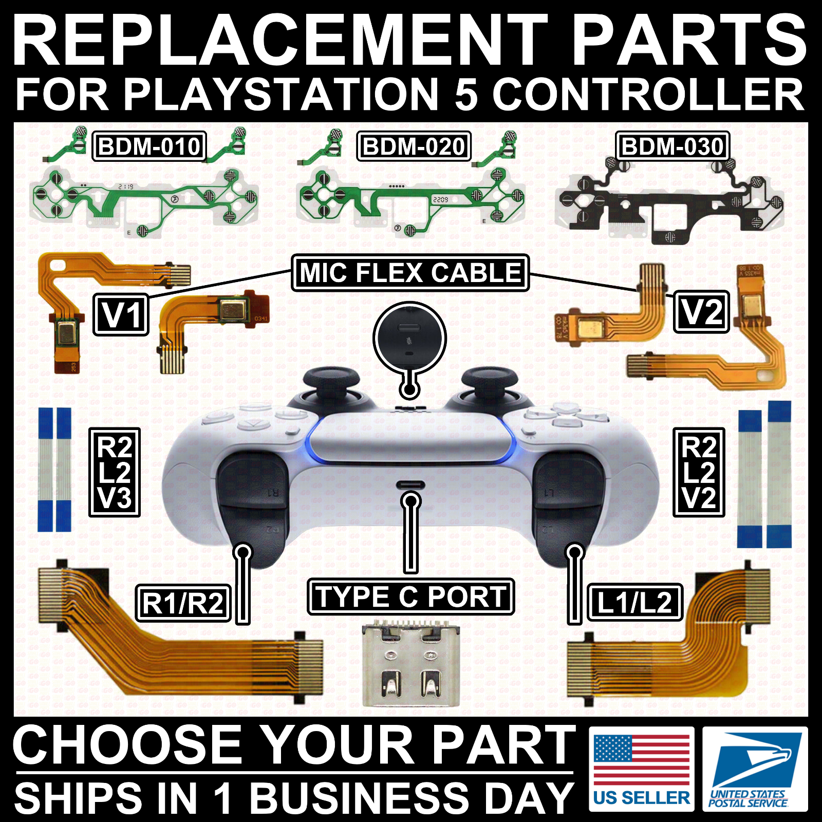 For PS5 Controller BDM LR Button/Mic/Flex Cable/Charging Port/Conductive/Screws