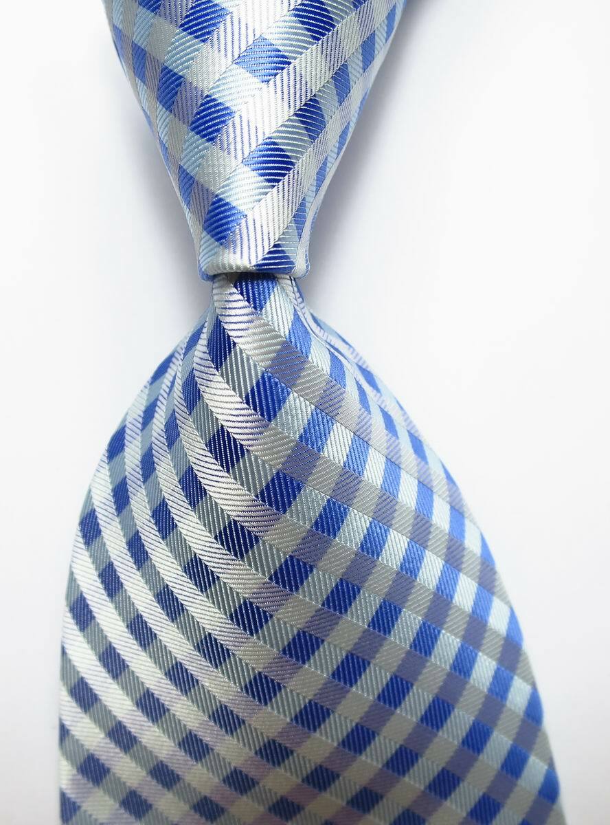New Classic Checks Blue White JACQUARD WOVEN 100% Silk Men's Tie Necktie