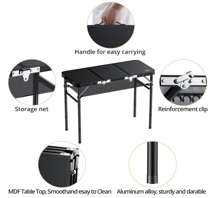 3ft Folding Aluminum Camping Table, Adjustable Height, Portable Outdoor Table