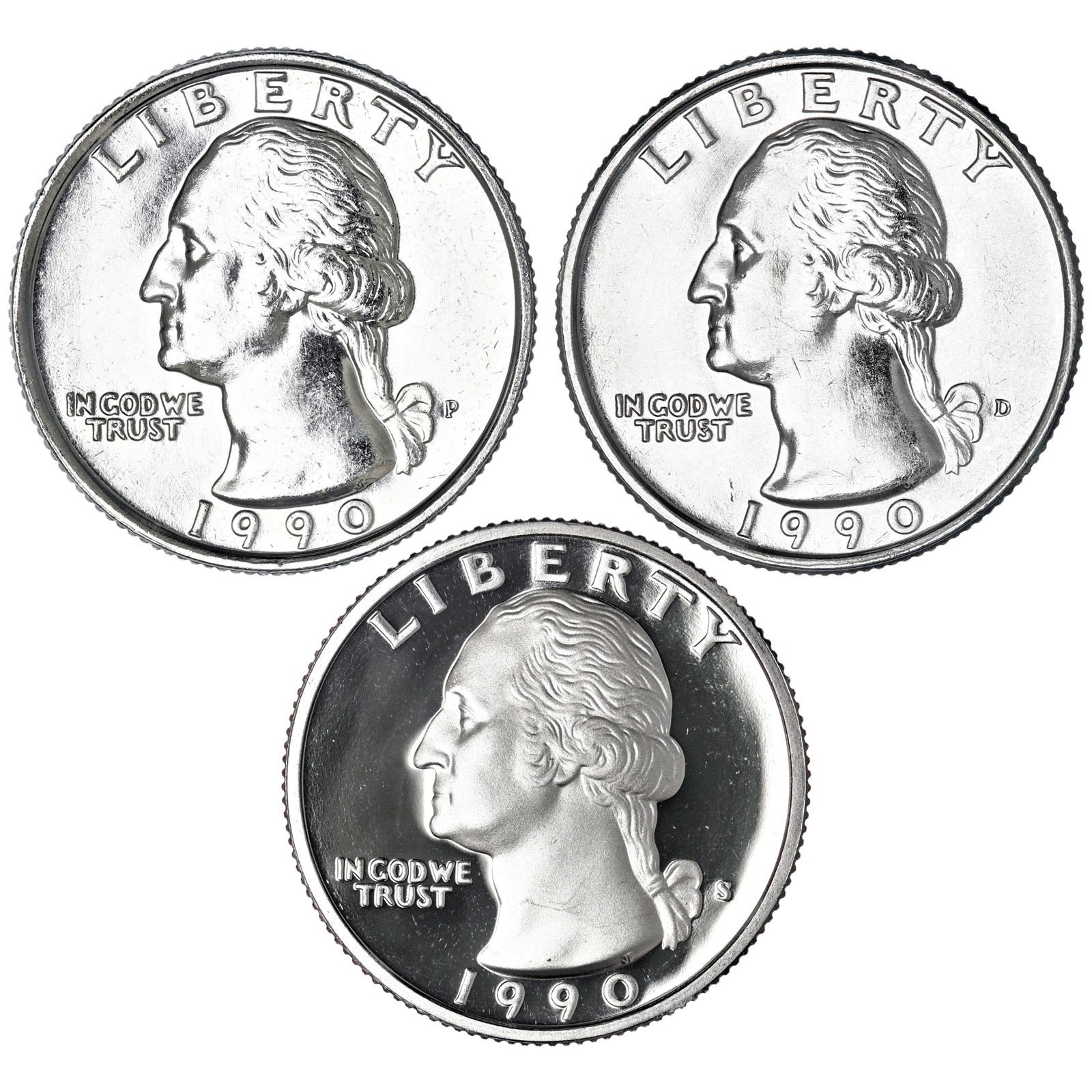 1990 P D S Washington Quarters CN-Clad BU & Gem Proof 3 Coin Year Set
