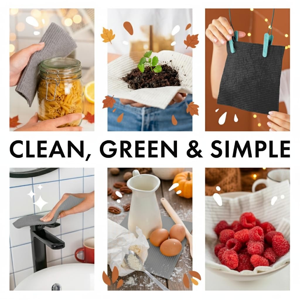 10 Pack Swedish Dishcloths for Kitchen - 100% Biodegradable & Compostable Reu...