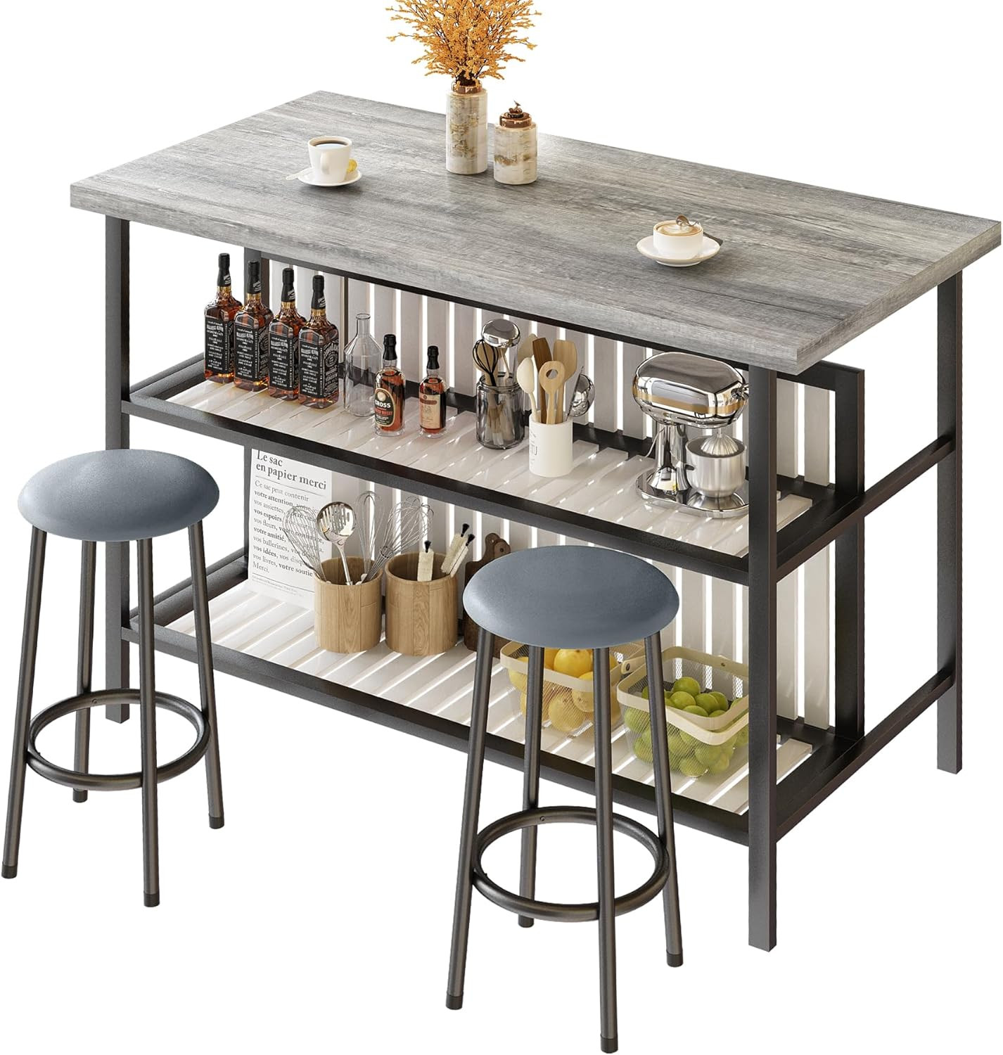 Kitchen Island with Seating & Storage Shelf, Modern Bar Table and Chairs Set for