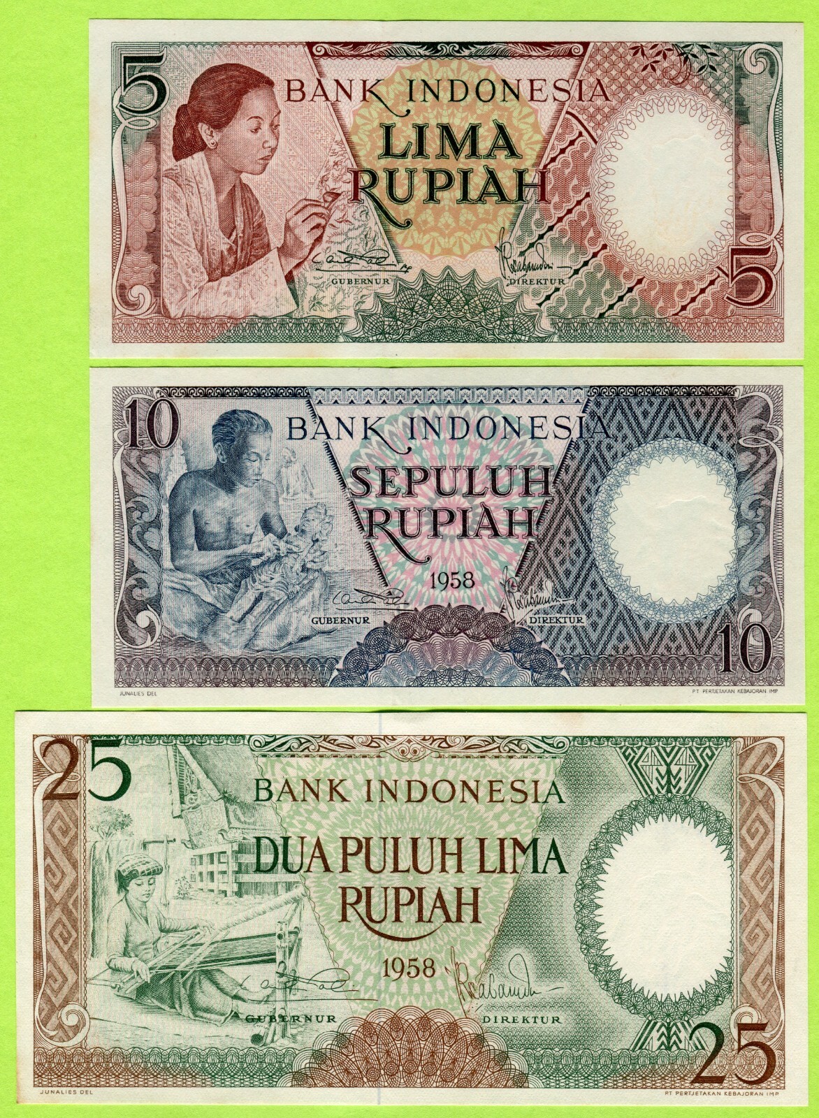 Indonesia 5 10 25 100 1000 Rupiah 1958 P55 56 57 59 61 62 UNC