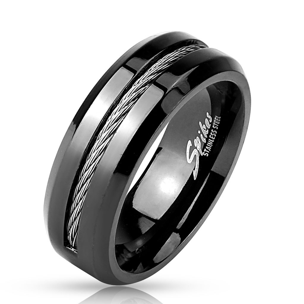 Men's Solid Tungsten Black Lacquered Ring & Steel Cable Convenient New