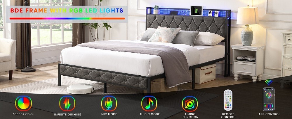 Full Size Bed Frame w/ LED Headboard, Storage & Platform, Outlet, USB Ports