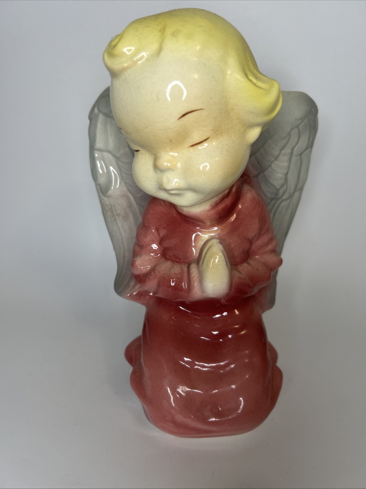 VTG. Ceramic Royal Copley Large Pink Praying Angel Wall Pocket Planter 8"