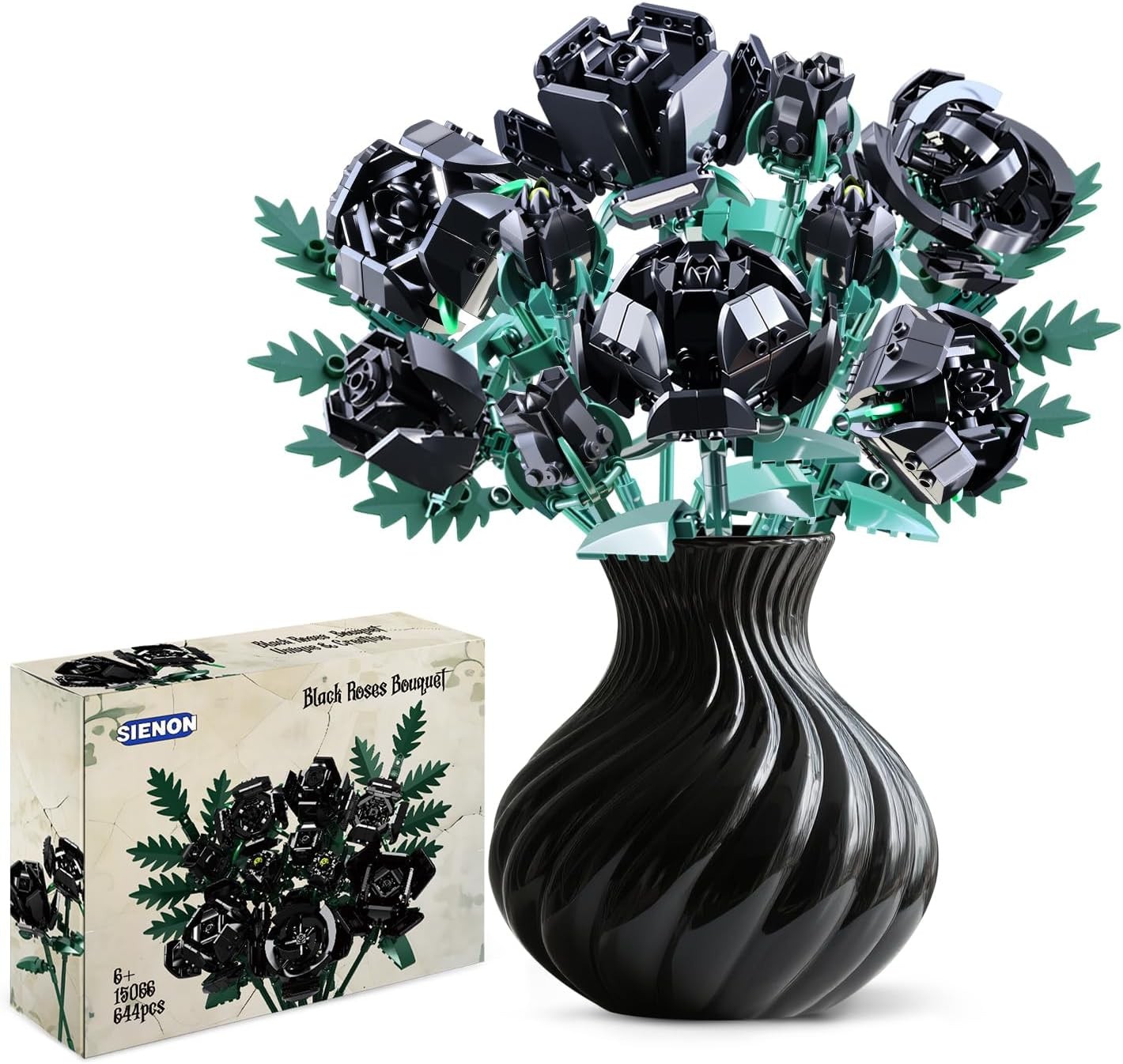 SIENON 12Pcs Black Rose Bouquet Building Blocks with Green Leaves, 644pcs | R...