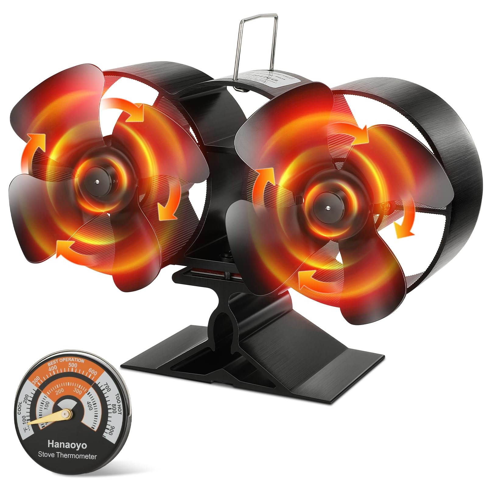 Hanaoyo Wood Stove Fan with Double Motors, 12 Blades M, Black