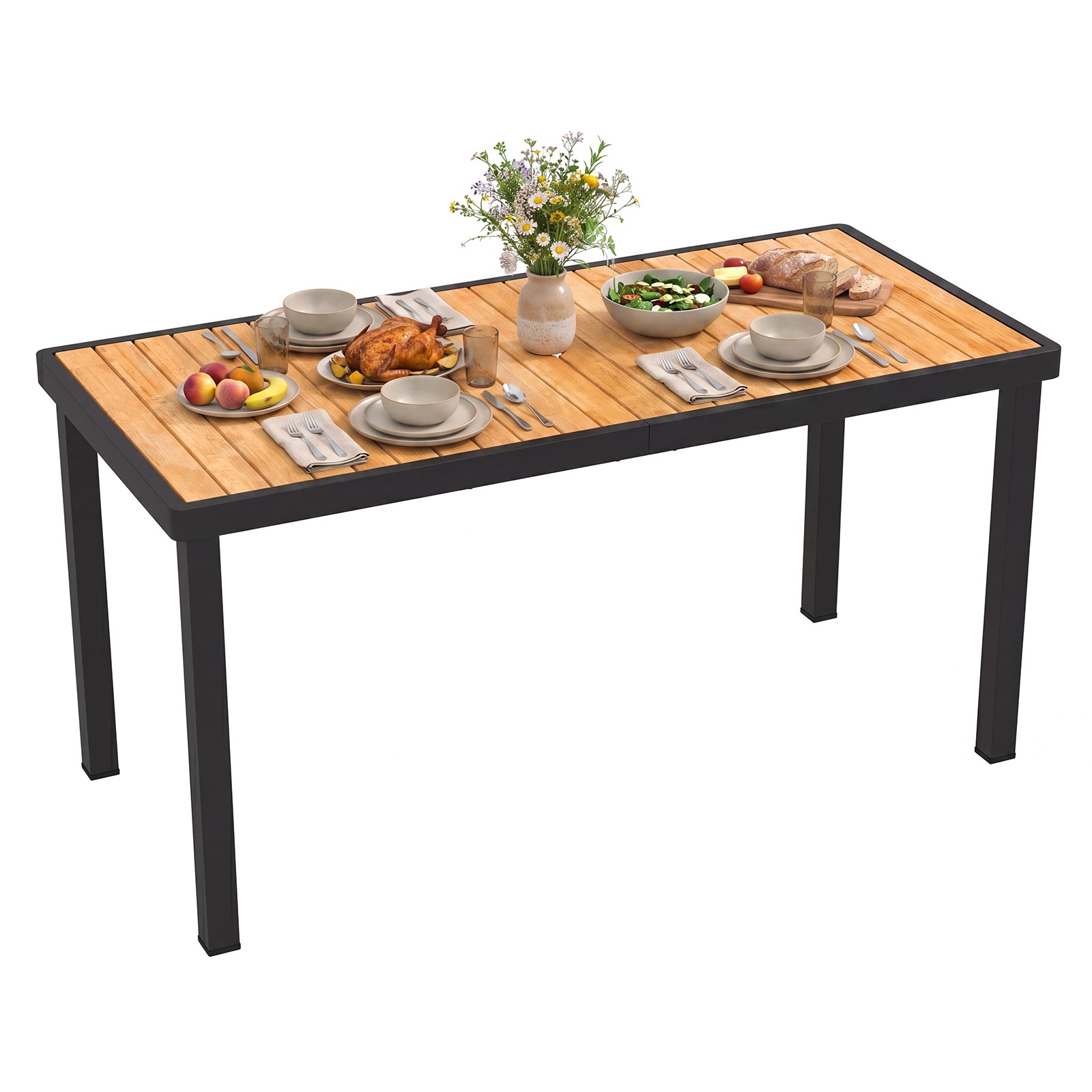 Acacia Wood Outdoor Dining Table, Rectangular Patio Table w/ 1.97" Umbrella Hole