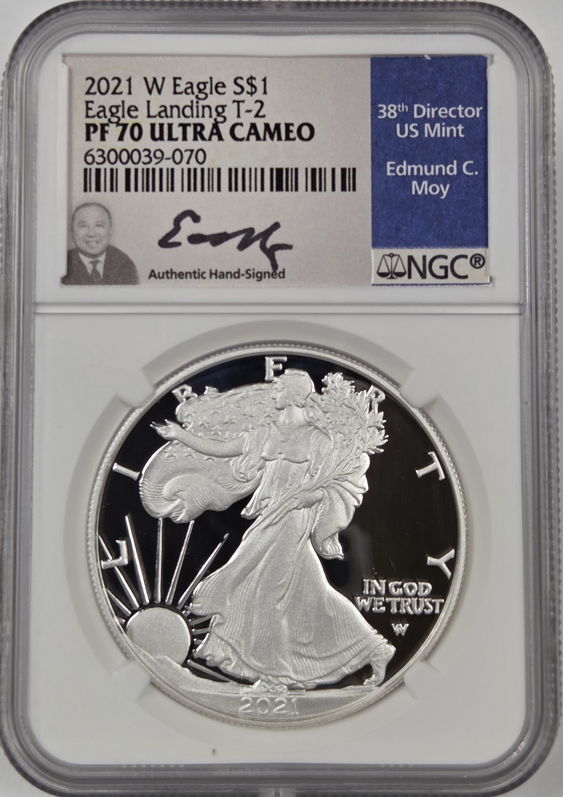 2021 W Eagle S$1 Eagle Landing T-2 PF 70 ULTRA CAMEO Signed by Edmund C. Moy