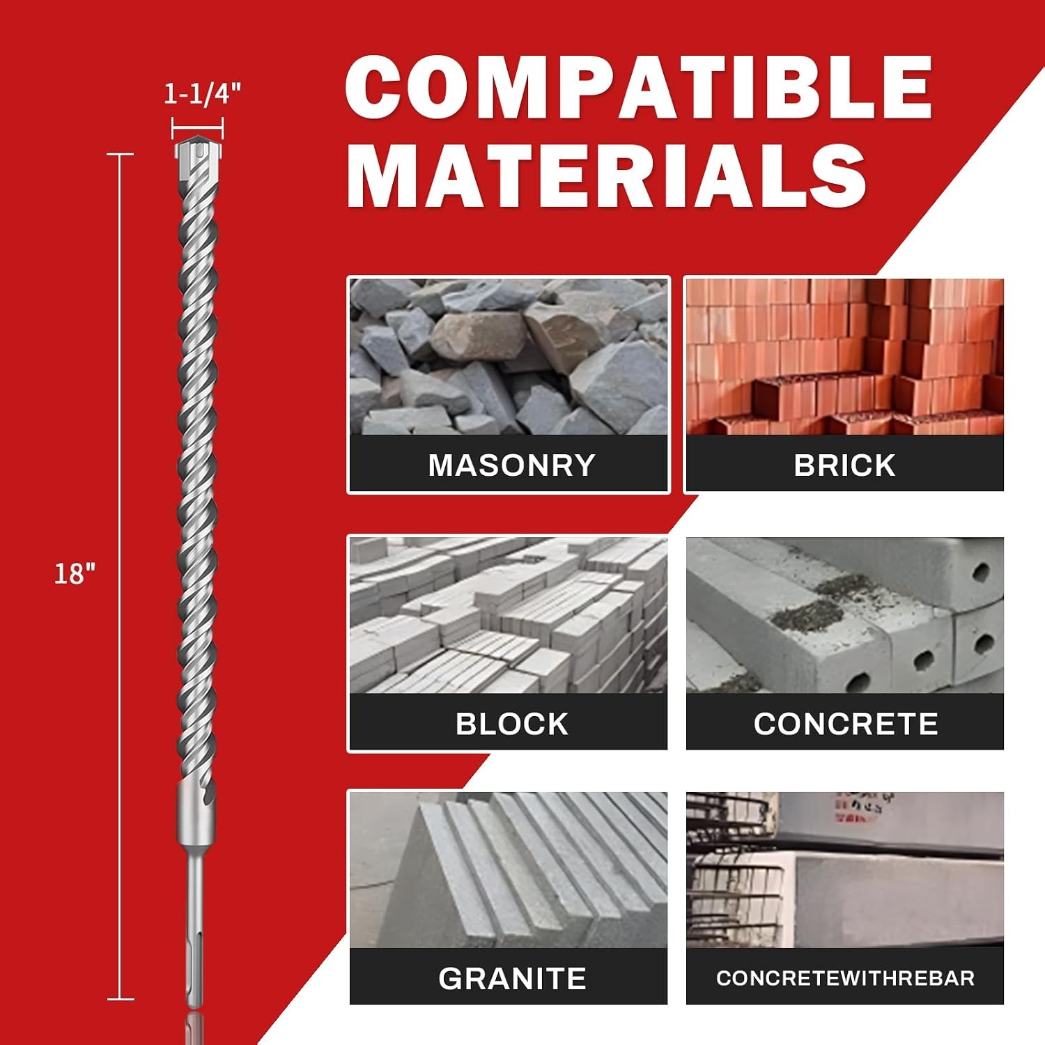 1-1/4" x 18" 2 Pack SDS Plus Concrete Drill Bit, Cross Carbide Tip