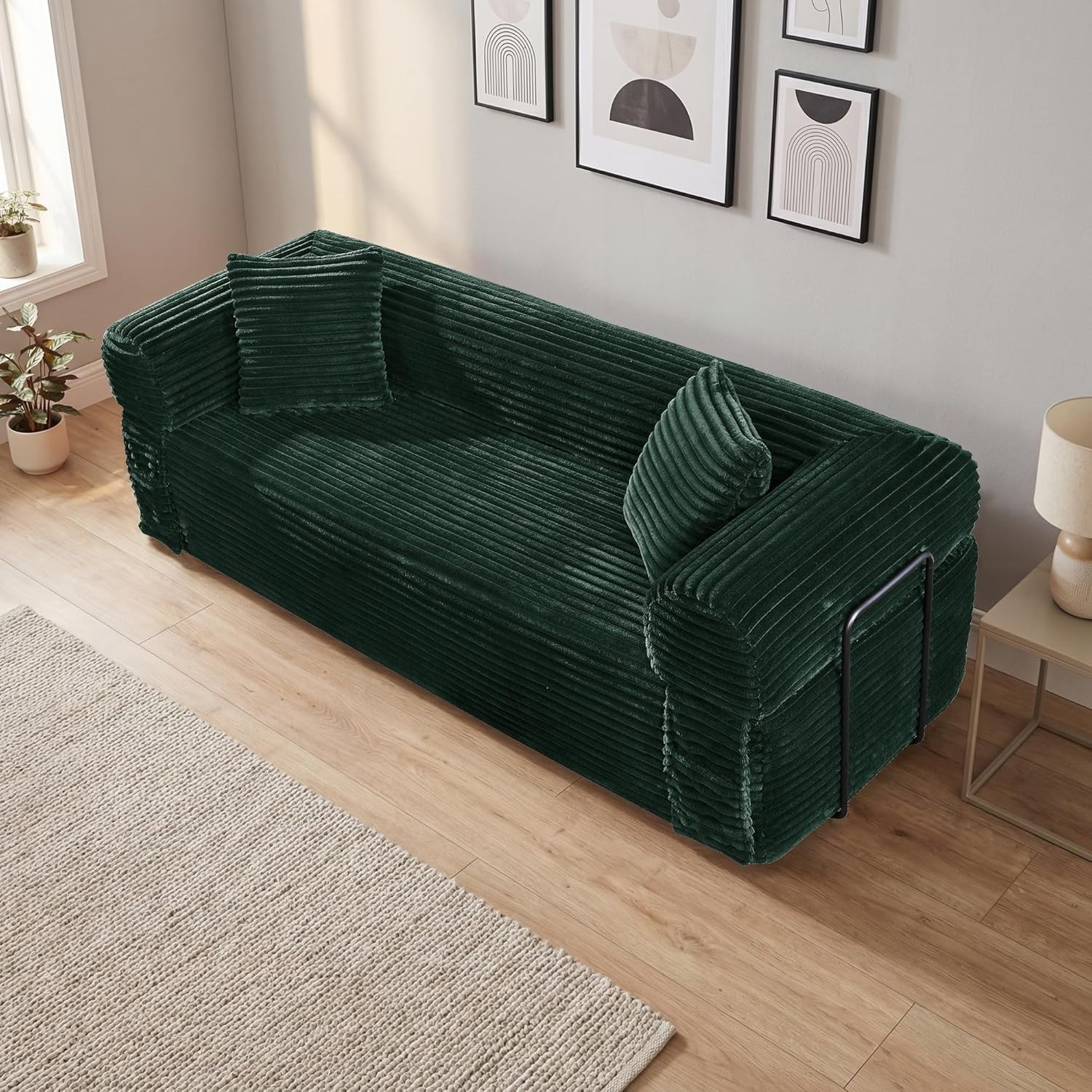 Boneless Convertible Couch Corduroy Sofa with 2 Pillows + Removable Backrest