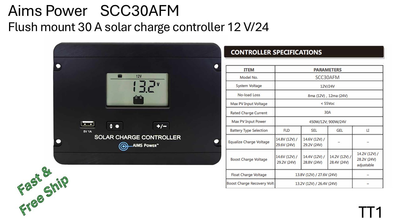 Aims SCC30AFM Flush Mount 30 Amp Solar Charge Controller 12/24V PWM
