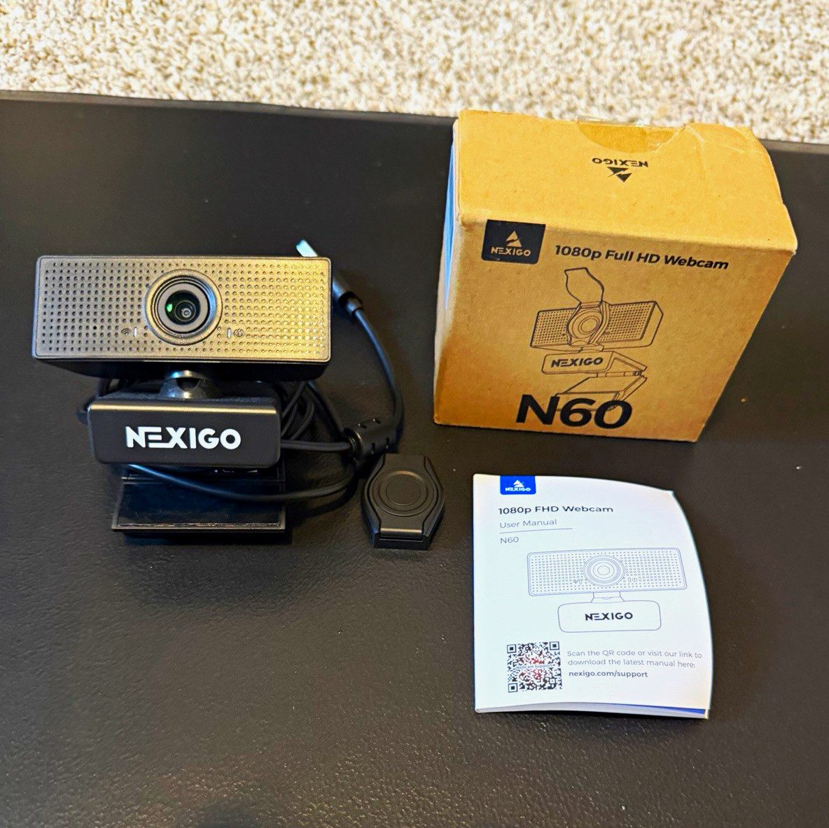 NexiGo N60 1080p Full HD USB Webcam 30fps Built-In Mic Clip Stand Black