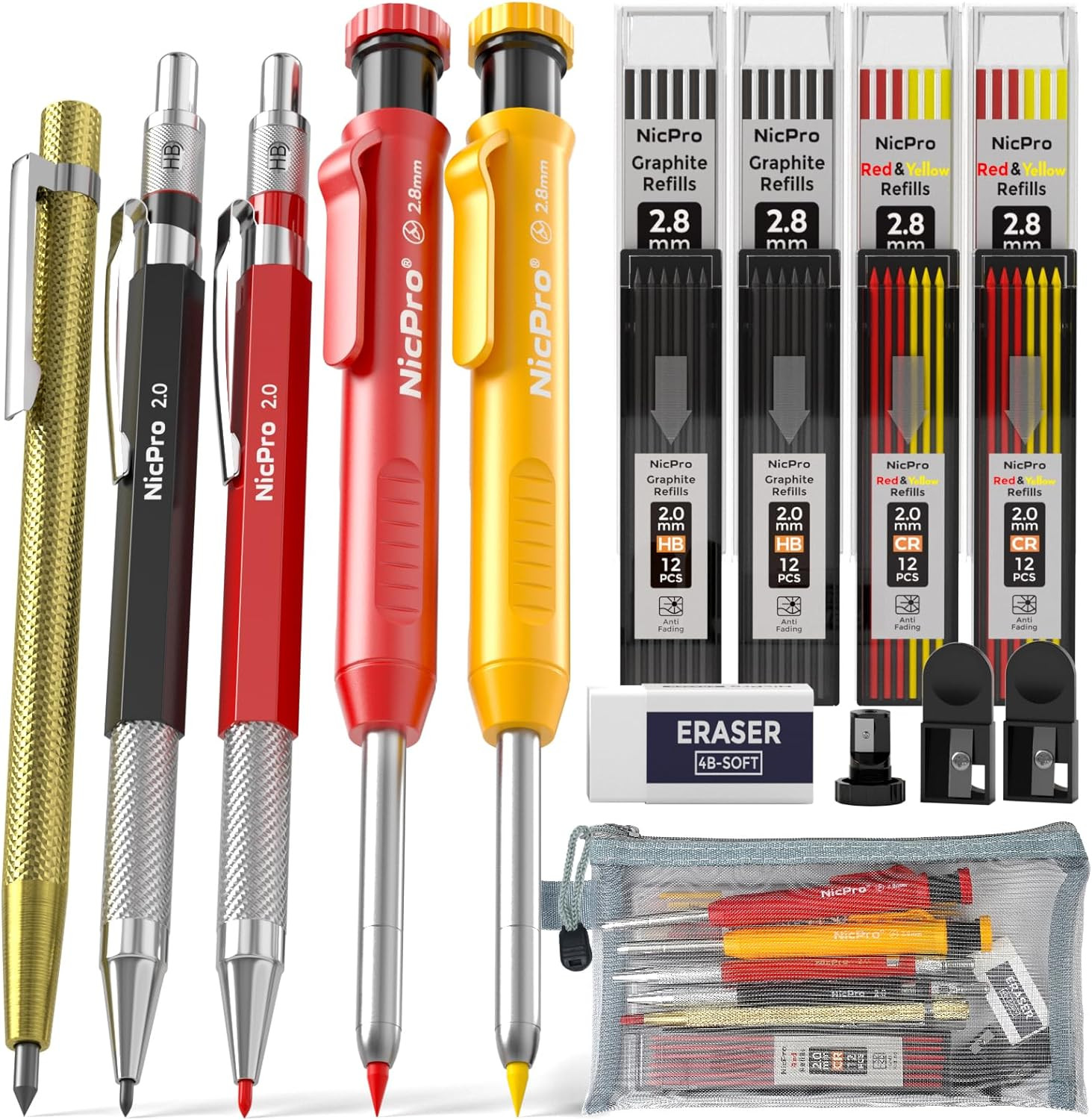 Nicpro 5 Pack Mechanical Carpenter Pencil Set with 76 Refills & Carbide Scribe T